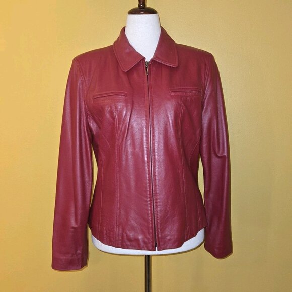 GALLERY Womens Red Leather Jacket Size L Zip Front Genuine Leather Lined Classic - Picture 1 of 11